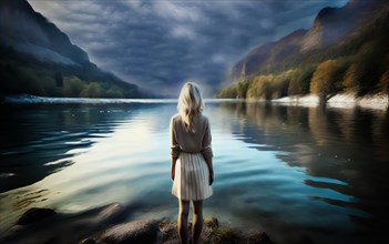 Suicidal thoughts, a young depressed woman with suicidal intent stands in the water by a lake, AI