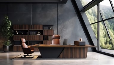 Executive office with contemporary design overlooking mountains, AI generated