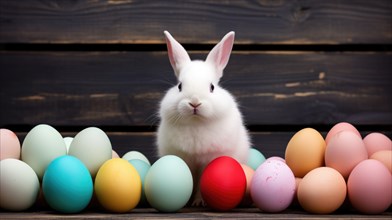 Easter bunny and colorful eggs on wooden background. Concept of Easter background AI generated