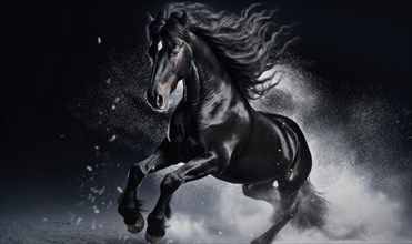 Black stallion gallops in the snow on a black background AI generated