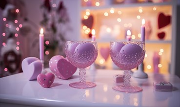 Colorful, heart-themed glasses surrounded by candlelight for a cheerful occasion AI generated