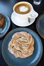 Traditional Swedish fika with cinnamon bun, Sweden, meal, food, plate, served, appetising, Europe