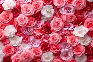Valentine day background of close-up view of a beautiful mix of pink, red and white roses,