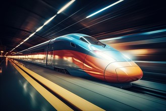 Modern high speed train in a futuristic train station. Modern transportation technology, speed,