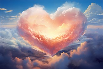Painting of a heart-shaped cloud illuminated by the warm hues of sunset, floating above a serene