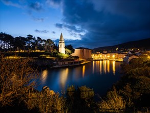 St. Anthony's Church and harbour, blue hour at dawn, Veli Losinj, Kvarner Bay, Croatia, Europe