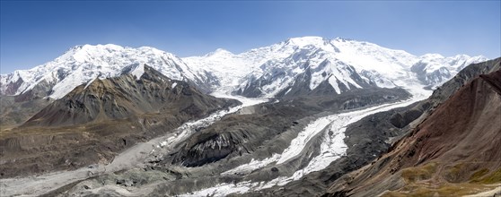 Mountain panorama, barren high mountains, glacier tongue of Pik Lenin, Pamir Mountains, Osh