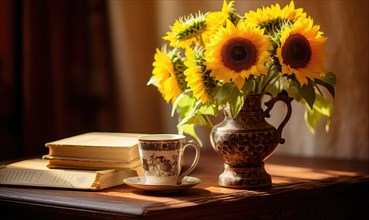 A patterned vase with sunflowers, ornate cup, and books bathed in sunlight AI generated