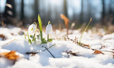 Two snowdrops in the sunlight, piercing through the snow marking the start of spring AI generated