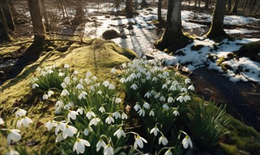 Snowdrop flowers emerge near a stream in the woods as snow melts AI generated