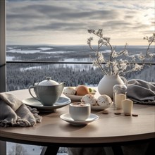 Cozy breakfast table set against a winter view with frosted branches AI generated
