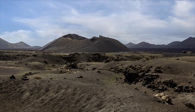 Volcanic landscape with view of the Caldera de Los Cuervos, Timanfaya National Park, Lanzarote,