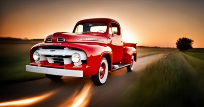 A retro vintage red truck speed in peaceful country road surrounded by beautiful landscapes at