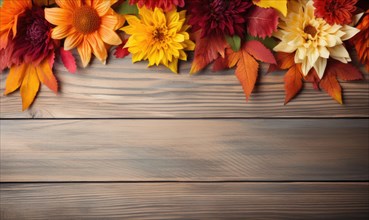 Yellow and orange fall flowers with seasonal leaves arranged on a streaked wooden surface AI