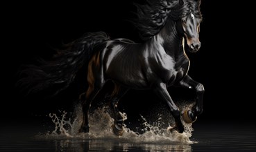 Black stallion running in dust on dark background AI generated