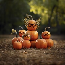 A cute pumpkin family with glasses in autumn scenery, Pumpkins with personality, AI-Generated &
