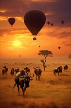Colorful hot air balloons flying over a group of wildebeest in the African savannah, AI Generated,