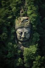 Aerial view of a Giant Buddha head surrounded by an Asian tropical forest, AI Generated, AI