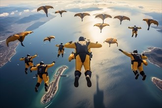 Skydivers with bat dresses flying over Dubai, AI Generated, AI generated