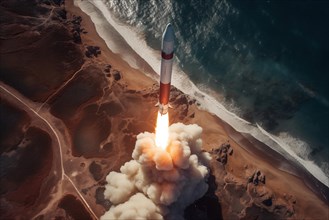 Aerial view of a rocket launch at sunrise sunset over an ocean coast. The rocket is blasting off