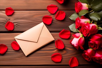 Vibrant red roses, a romantic valentine love letter in an elegant envelope, and scattered rose