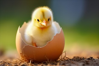 A close-up image capturing the moment a fluffy yellow chick emerges from its egg, showcasing the