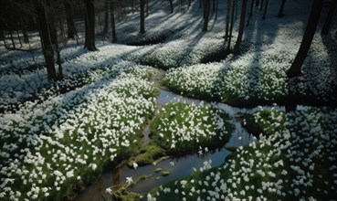 Snowy forest with a small stream cutting through and shadows cast by tall trees AI generated