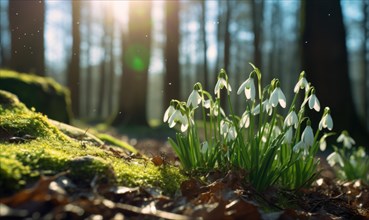 Sunlight filters through trees onto snowdrops and moss AI generated
