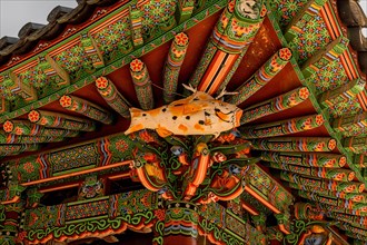 Wooden fish hanging from eves of colorful Buddhist pavilion