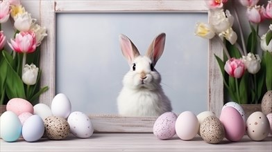 Easter bunny and Easter eggs on wooden background with spring flowers. Bunny near empty white frame