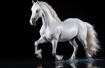 White Arabian horse with long mane in motion isolated on black background AI generated