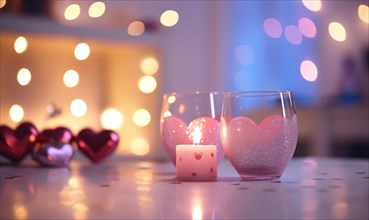 Warm and romantic candlelight ambiance with heart decorations AI generated