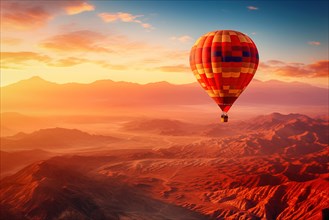 A colorful hot air balloon floats in sky over a desert mountain landscape at sunset with orange and