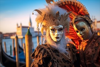 Persons adorned in a richly detailed and colorful carnival costume, complete with an elaborate