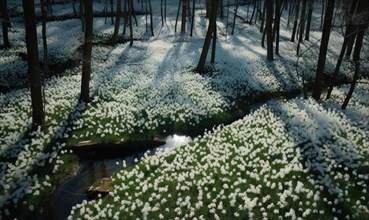 Snowdrops from above surrounding a river bend in a sunlit forest AI generated