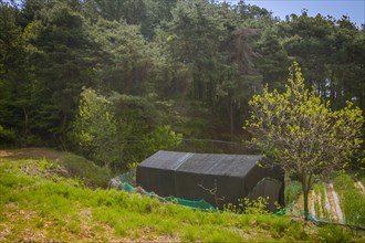 Small shed covered with black mesh material in a wooded area in the countryside on a bright sunny