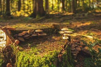 Several small mushrooms growing on a moss-covered tree stump in a sunny forest clearing, Wuppertal