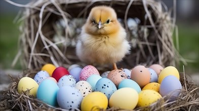 A chick stands amid colored Easter eggs in a nest, symbolizing new life and springtime traditions