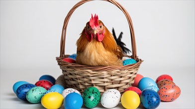 A chicken sits in a basket surrounded by colorful Easter eggs in a whimsical studio-style