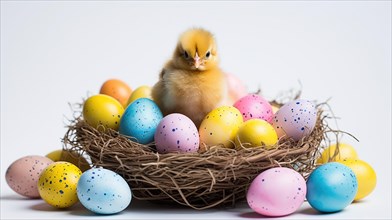 An adorable chick surrounded by Easter eggs in a variety of pastel shades AI generated