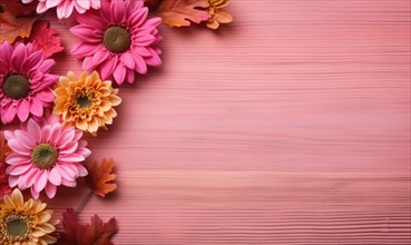 Warm-toned pink gerbera flowers arranged on a wooden background with autumn vibes AI generated