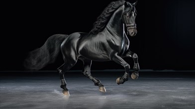Running black horse on ice on black background AI generated