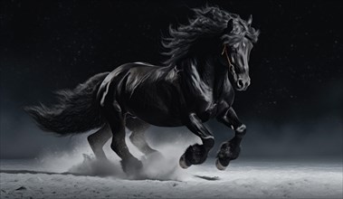 Black stallion gallops in the snow on a black background AI generated