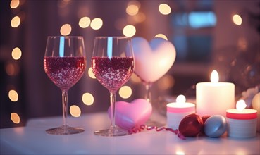 A cozy table adorned with sparkling wine glasses and heart shapes AI generated