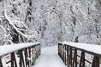 Winter, pedestrian bridge to an island, Saint Lawrence River, Province of Quebec, Canada, North