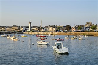 Old harbour with boats and lighthouse, Roscoff, Finistere, Brittany, France, Europe
