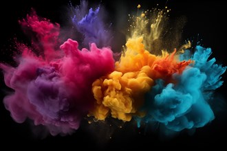 Holi background, vibrant and colorful powder smoke explosion on black background, AI generated