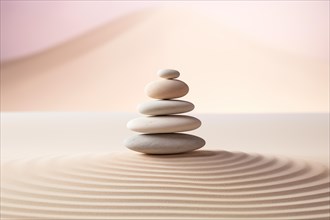 Zen stones stack on raked sand in a minimalist setting for balance and harmony. Balance, harmony,