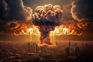 Nuclear blast and mushroom cloud in a city skyline. The explosion is destroying buildings and
