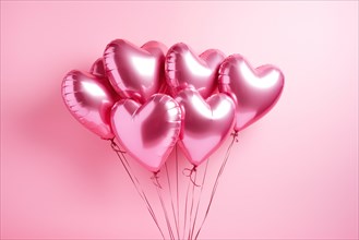 Bunch of glossy pink heart-shaped balloons against a soft pink background, perfect for Valentine